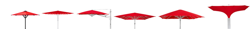 Alle sechs Schirmmodelle der Bahama GmbH in rot nebeneinander.