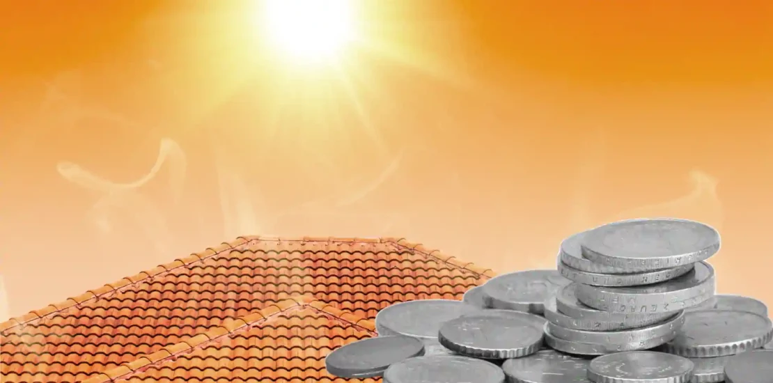 Klima Förderung - Sonne über Dach, Münzen in der Ecke.